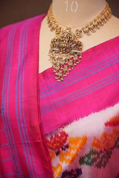 Pure Ikkat Soft Silk Saree -  Pink with Multicolour