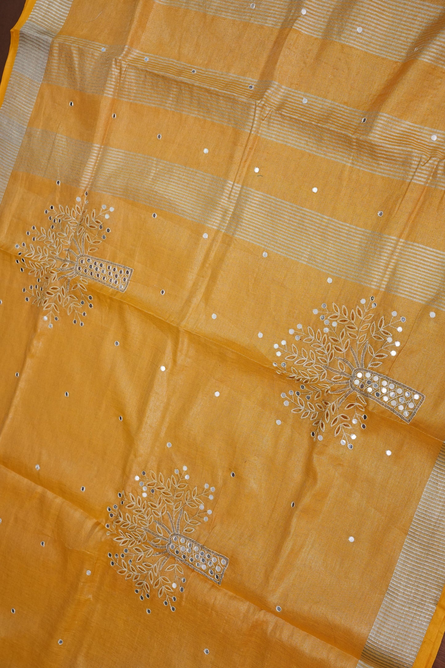 Hand Embroidered Pure Tissue Linen Silk Saree - Yellow