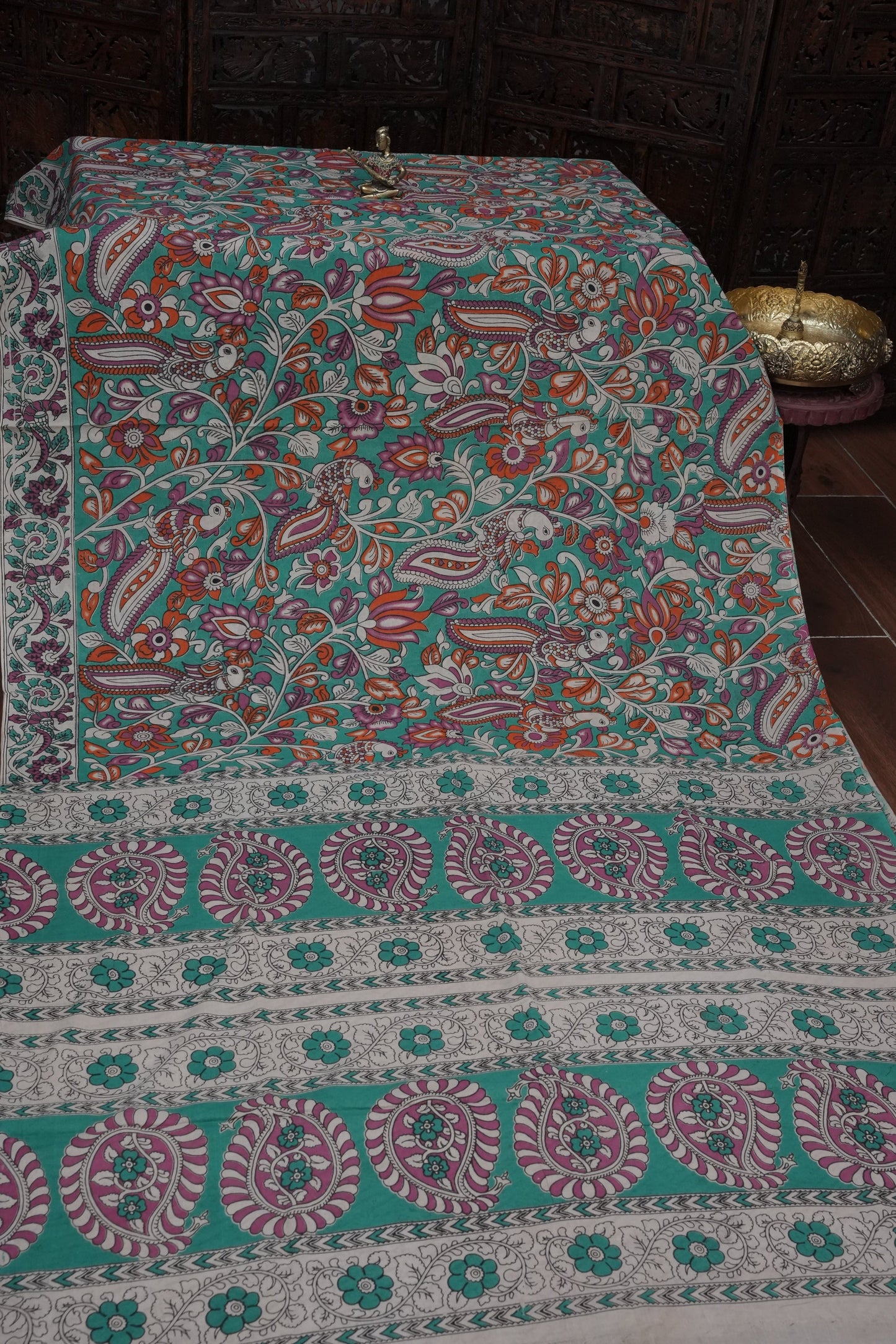Pure Cotton Saree with Digital Kalamkari Prints – Aqua Green & Magenta