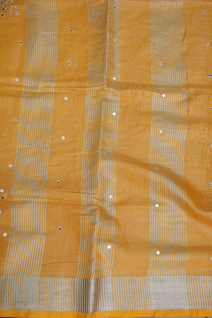 Hand Embroidered Pure Tissue Linen Silk Saree - Yellow