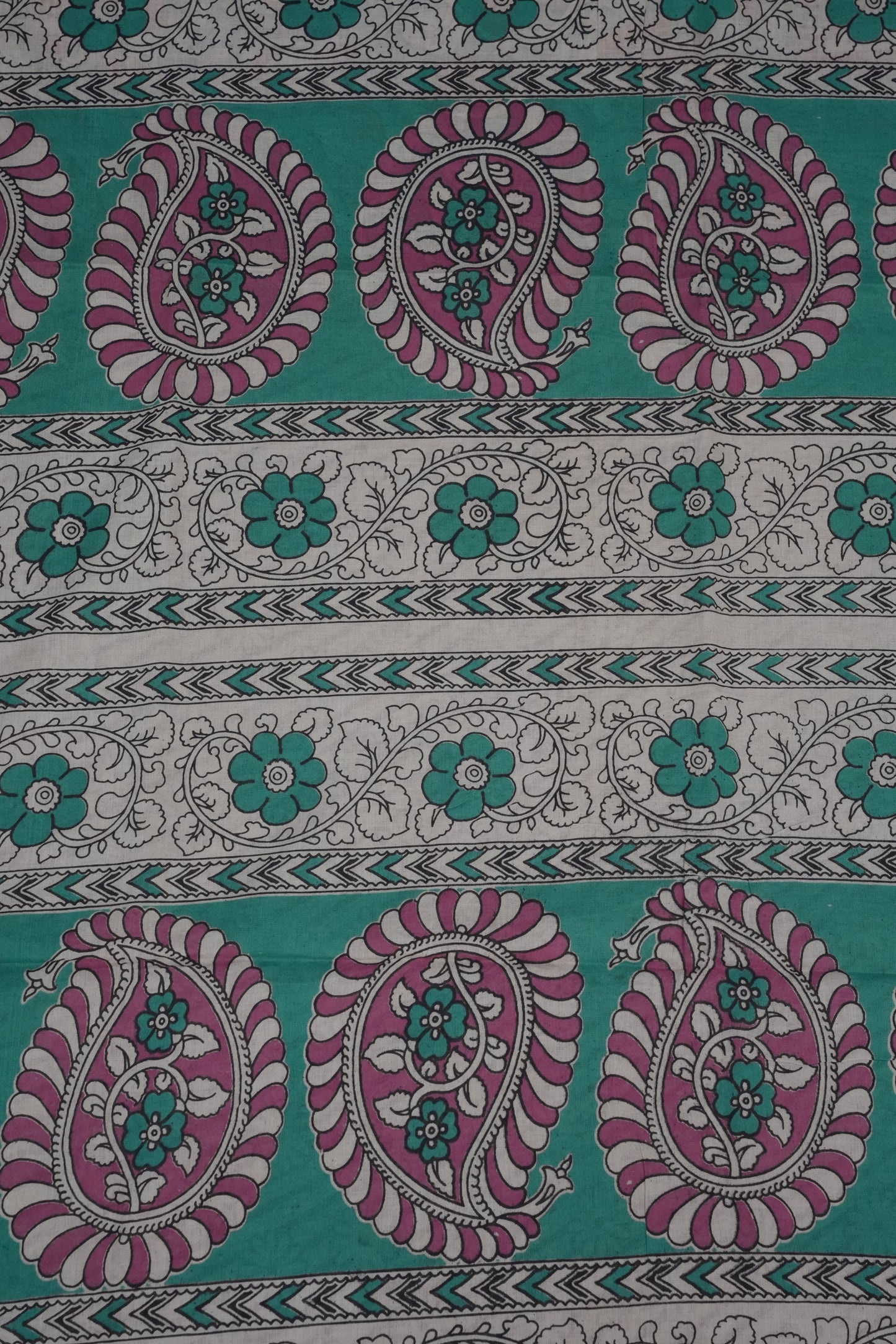 Pure Cotton Saree with Digital Kalamkari Prints – Aqua Green & Magenta