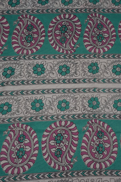 Pure Cotton Saree with Digital Kalamkari Prints – Aqua Green & Magenta