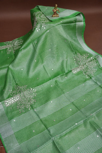 Hand Embroidered Pure Tissue Linen Silk Saree - Leaf Green