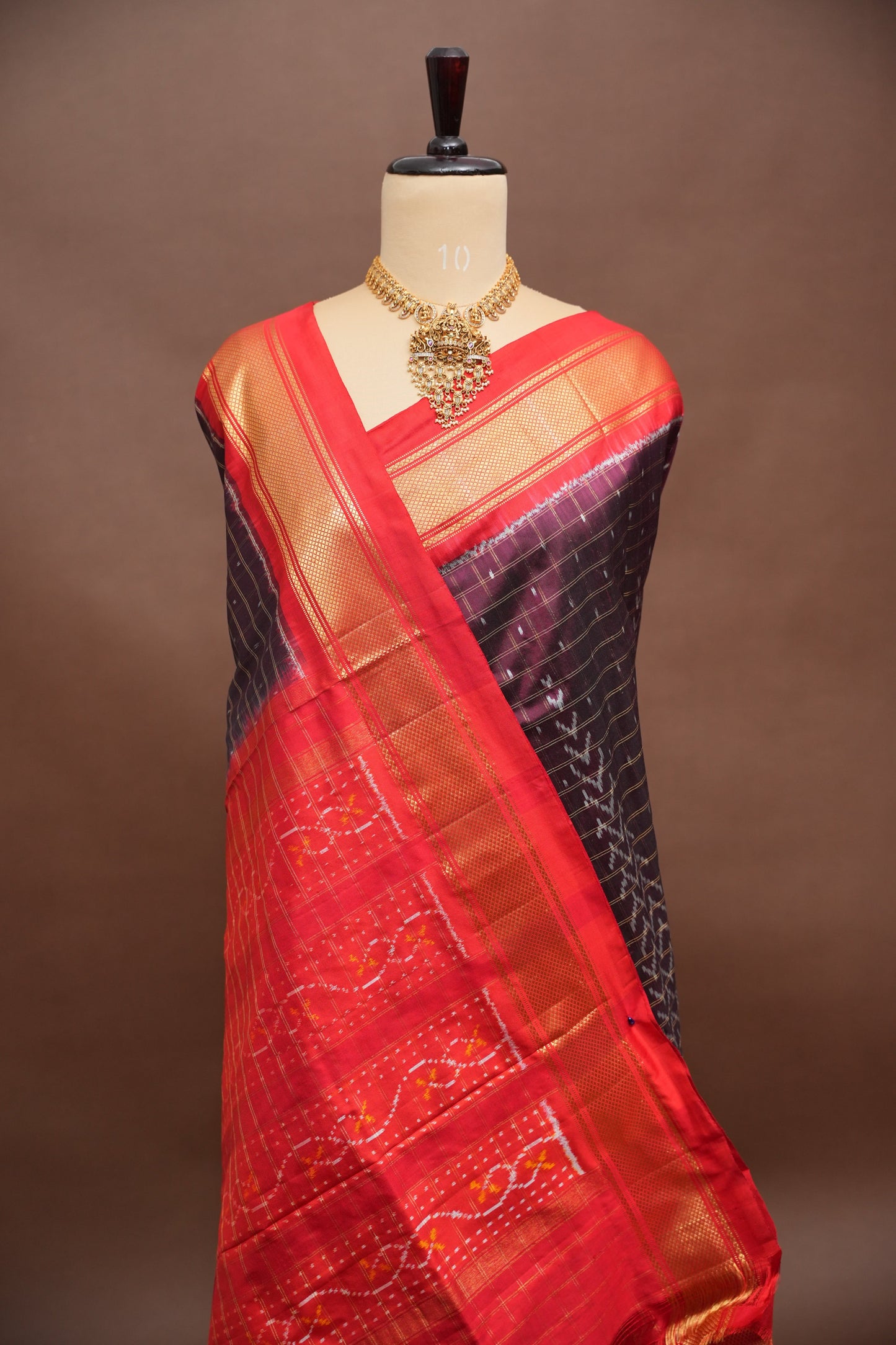 Pure Ikkat Soft Silk Saree - Coffee with Red