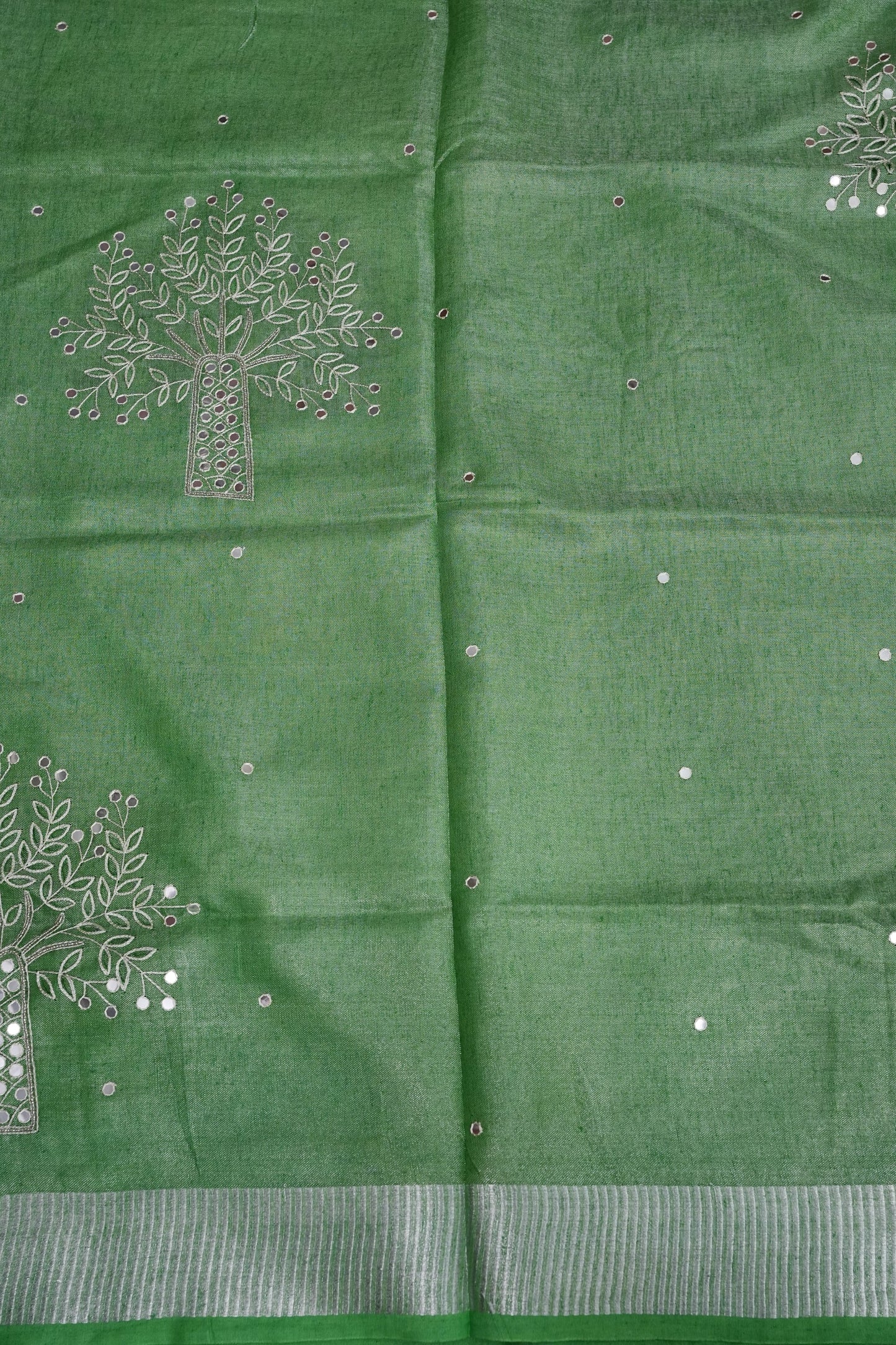 Hand Embroidered Pure Tissue Linen Silk Saree - Leaf Green
