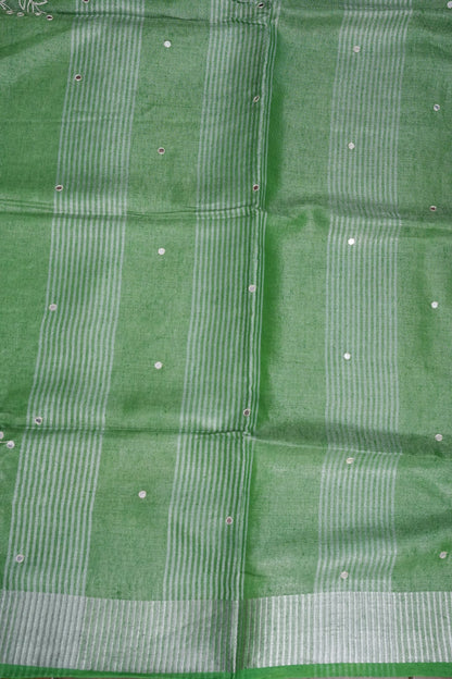 Hand Embroidered Pure Tissue Linen Silk Saree - Leaf Green