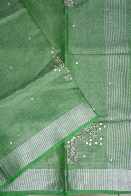 Hand Embroidered Pure Tissue Linen Silk Saree - Leaf Green