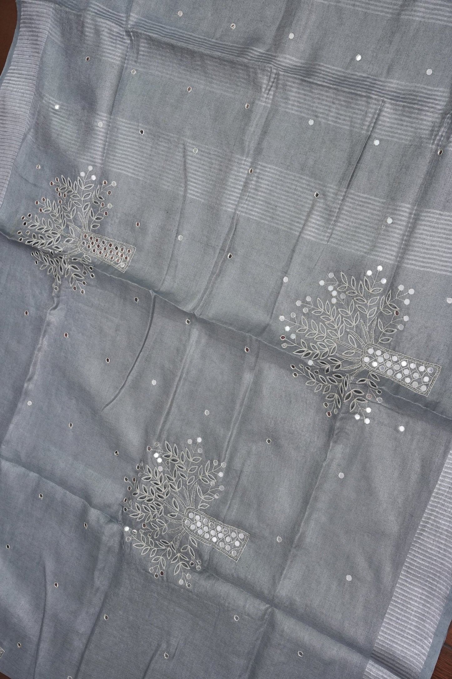 Hand Embroidered Pure Tissue Linen Silk Saree - Silver Grey