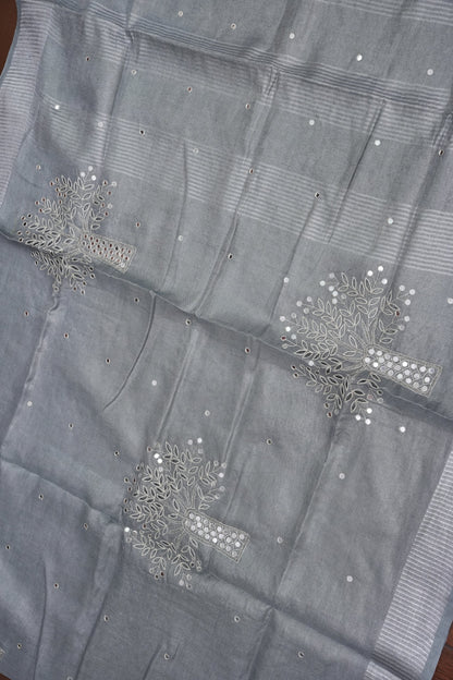 Hand Embroidered Pure Tissue Linen Silk Saree - Silver Grey