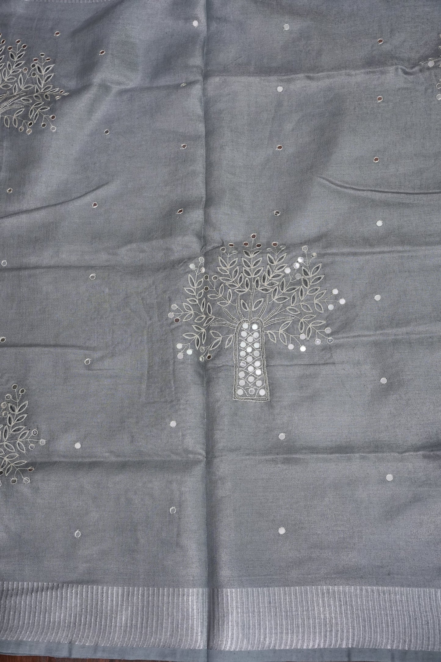 Hand Embroidered Pure Tissue Linen Silk Saree - Silver Grey