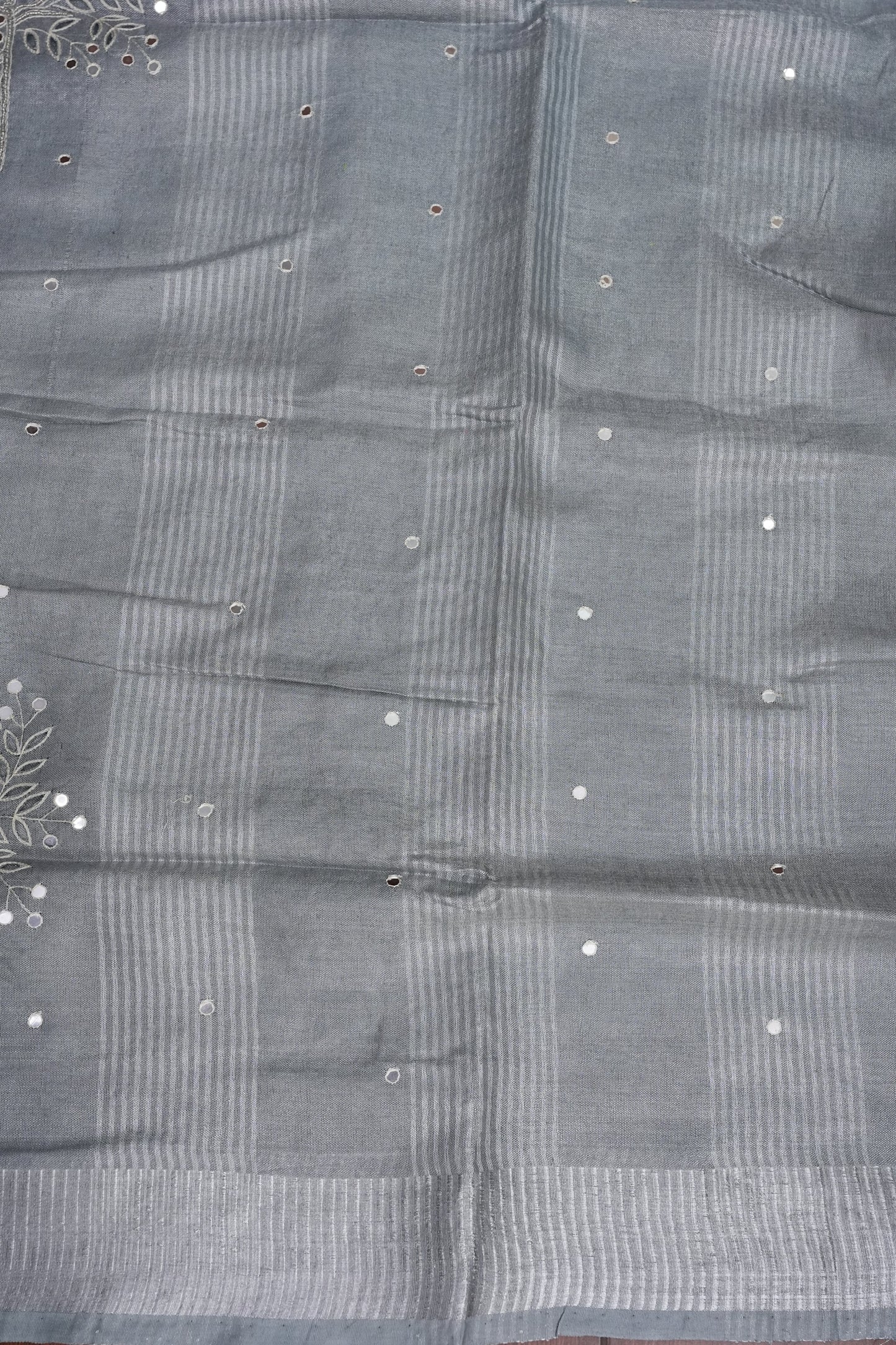 Hand Embroidered Pure Tissue Linen Silk Saree - Silver Grey