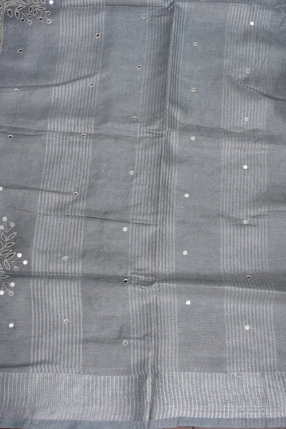 Hand Embroidered Pure Tissue Linen Silk Saree - Silver Grey