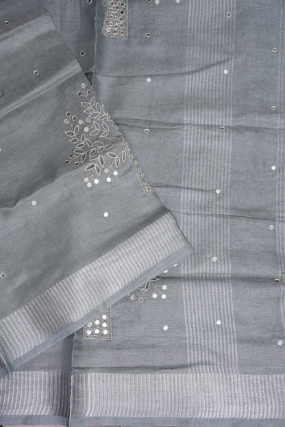 Hand Embroidered Pure Tissue Linen Silk Saree - Silver Grey