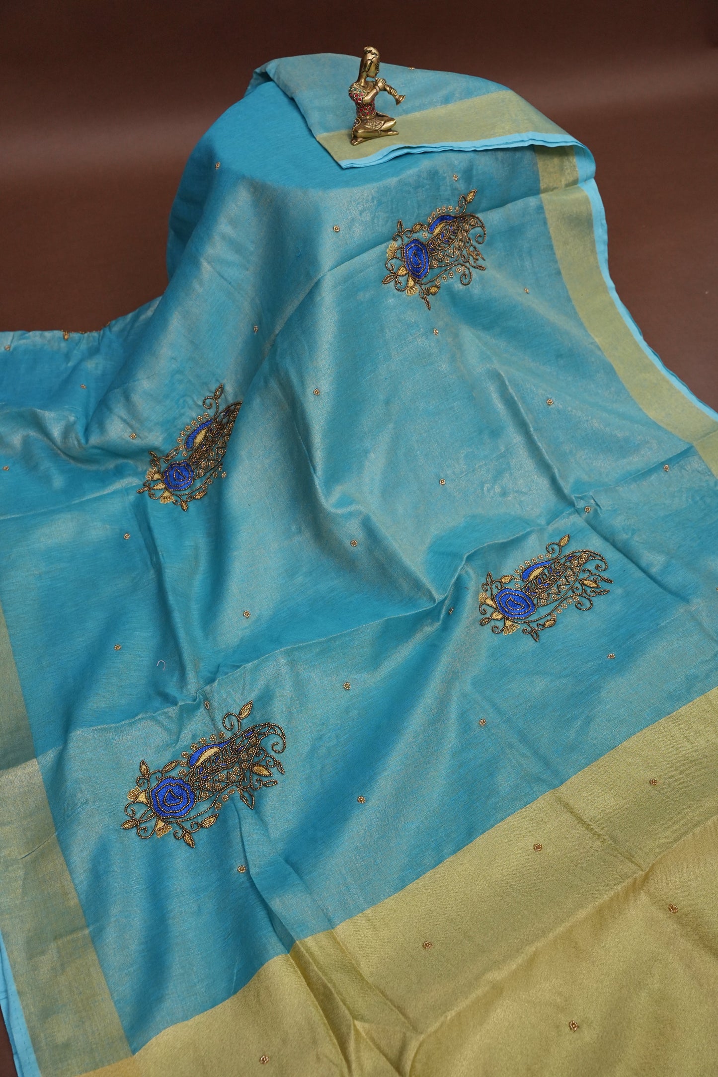 Hand Embroidered Pure Tissue Linen Silk Saree - Sky Blue & Gold