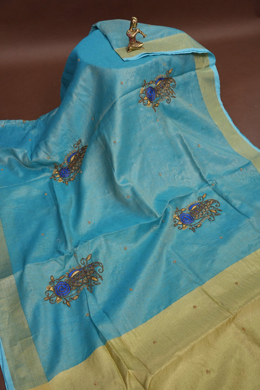 Hand Embroidered Pure Tissue Linen Silk Saree - Sky Blue & Gold
