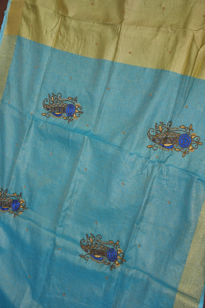 Hand Embroidered Pure Tissue Linen Silk Saree - Sky Blue & Gold