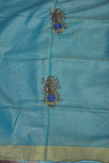 Hand Embroidered Pure Tissue Linen Silk Saree - Sky Blue & Gold