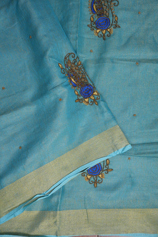 Hand Embroidered Pure Tissue Linen Silk Saree - Sky Blue & Gold