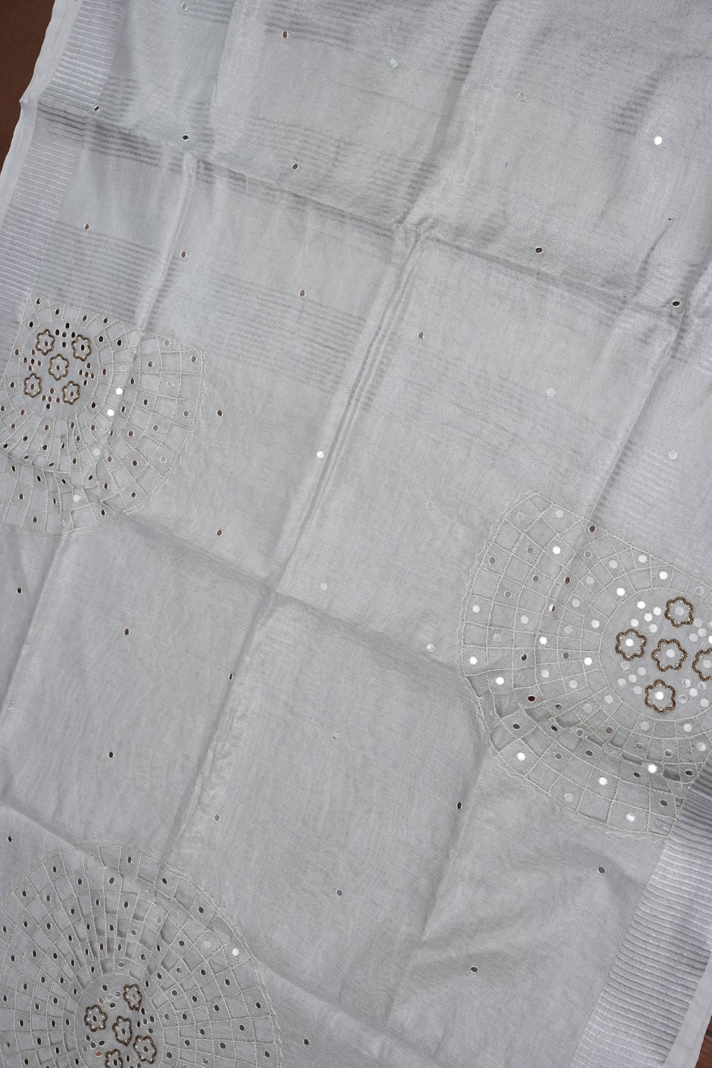 Hand Embroidered Pure Tissue Linen Silk Saree - White silver