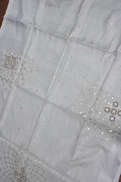 Hand Embroidered Pure Tissue Linen Silk Saree - White silver