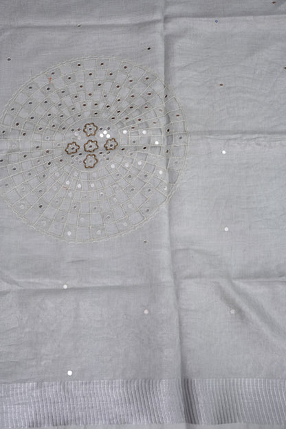 Hand Embroidered Pure Tissue Linen Silk Saree - White silver