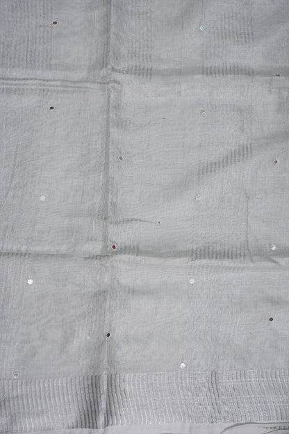 Hand Embroidered Pure Tissue Linen Silk Saree - White silver