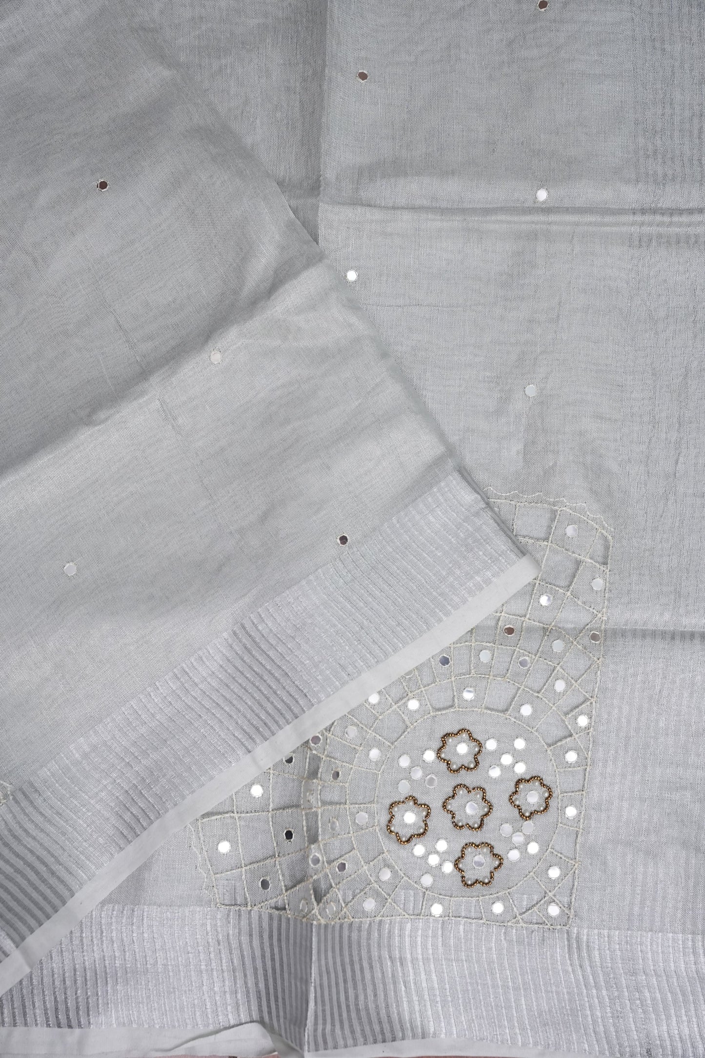 Hand Embroidered Pure Tissue Linen Silk Saree - White silver