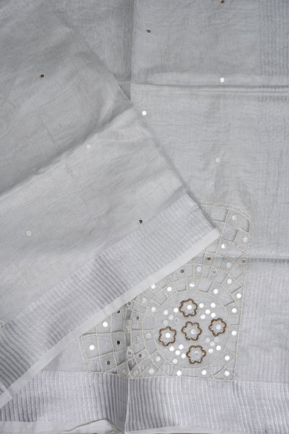 Hand Embroidered Pure Tissue Linen Silk Saree - White silver