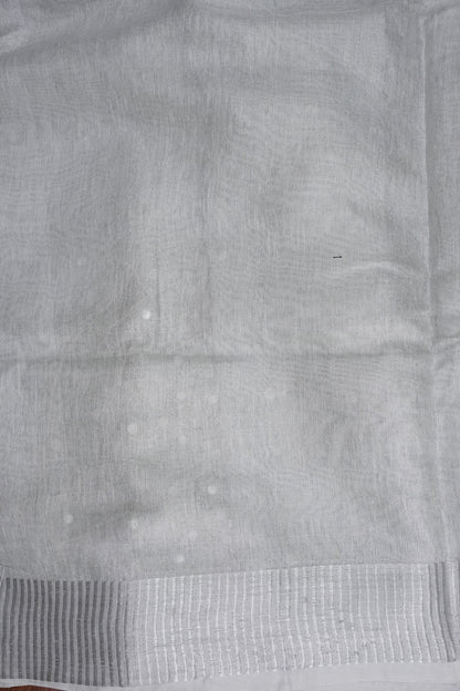 Hand Embroidered Pure Tissue Linen Silk Saree - White silver