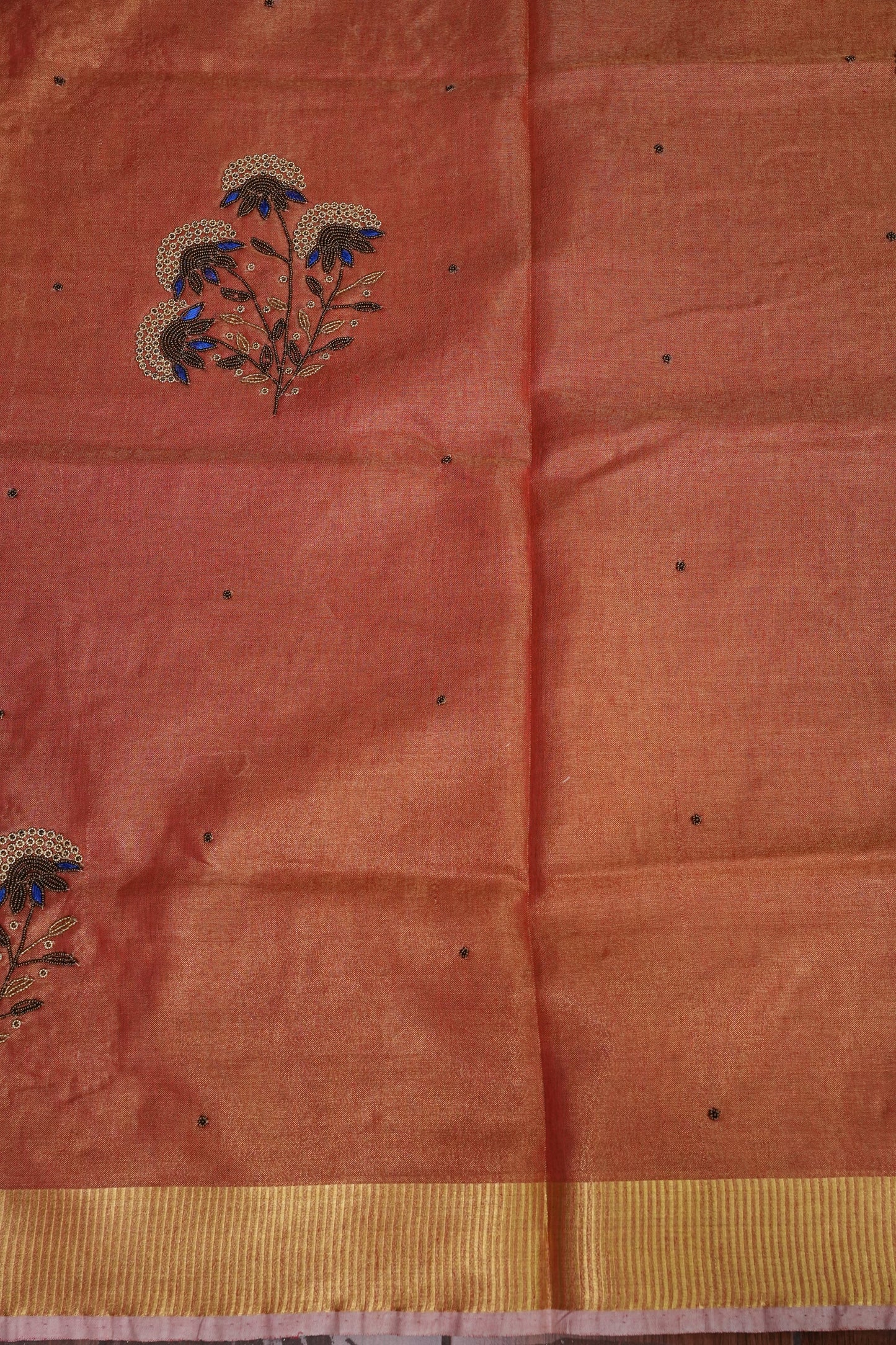 Hand Embroidered Pure Tissue Linen Silk Saree - Dark Peach