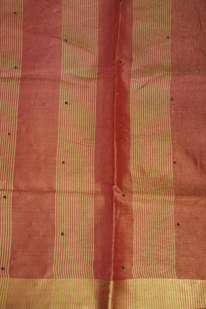 Hand Embroidered Pure Tissue Linen Silk Saree - Dark Peach
