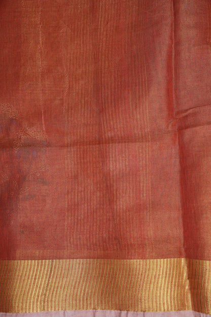 Hand Embroidered Pure Tissue Linen Silk Saree - Dark Peach