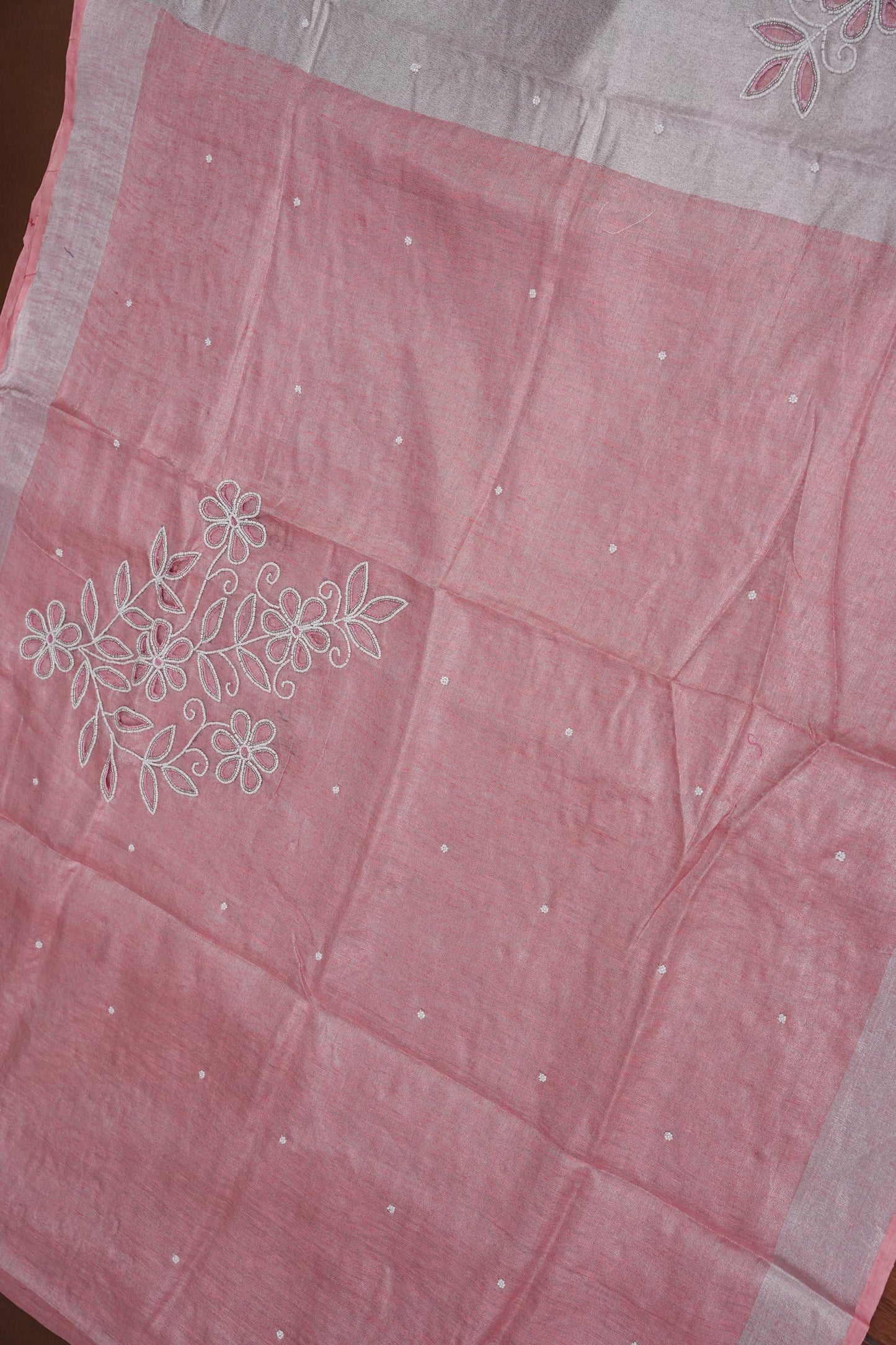 Hand Embroidered Pure Tissue Linen Silk Saree - Salmon Pink
