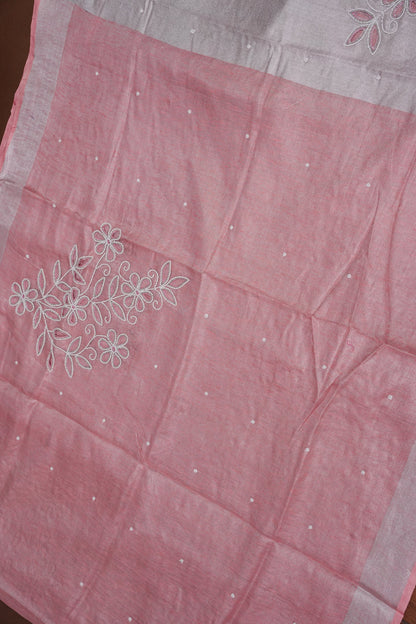 Hand Embroidered Pure Tissue Linen Silk Saree - Salmon Pink