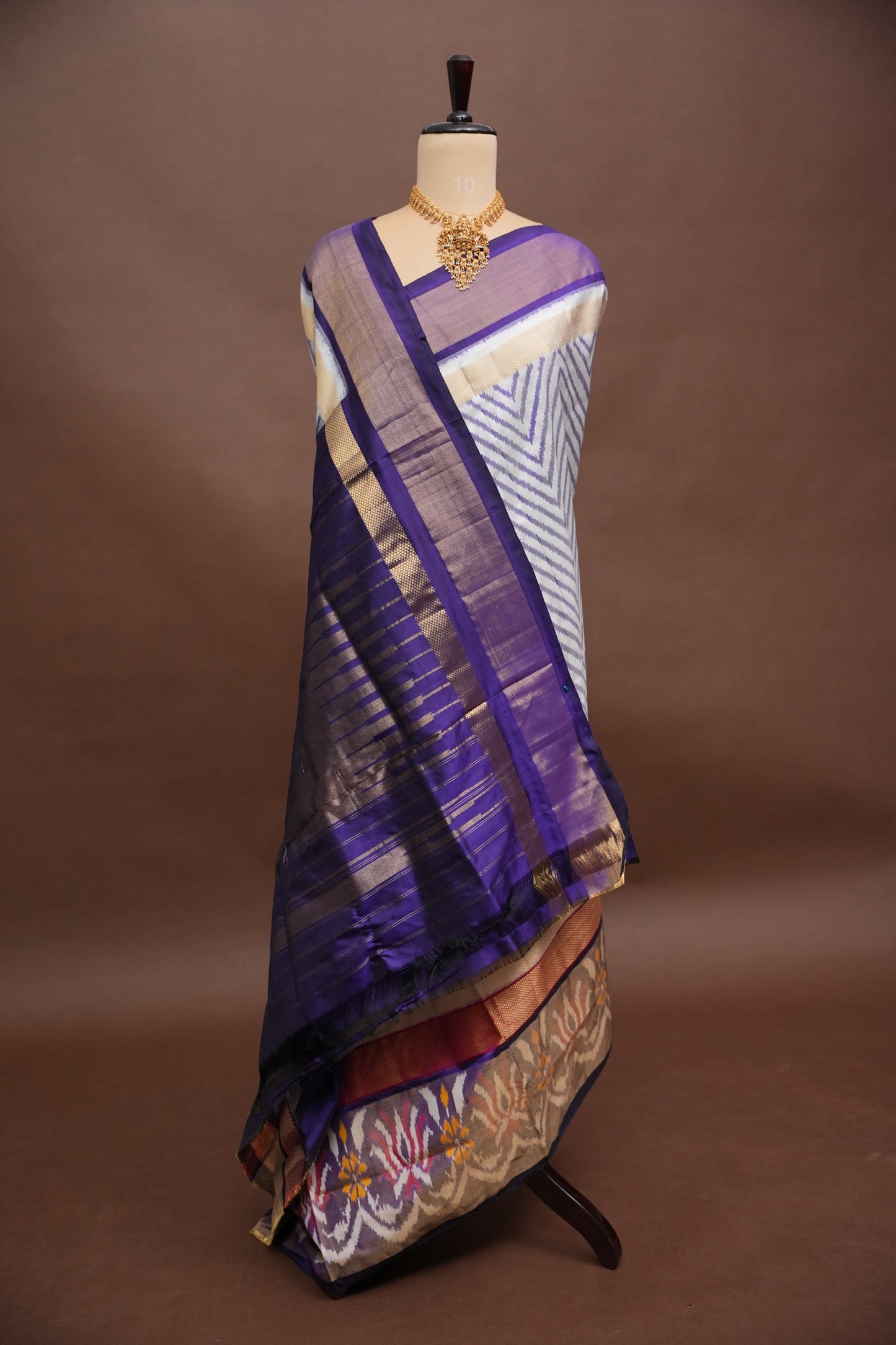 Pure Ikkat Soft Silk Saree - Ivory & Deep Purple