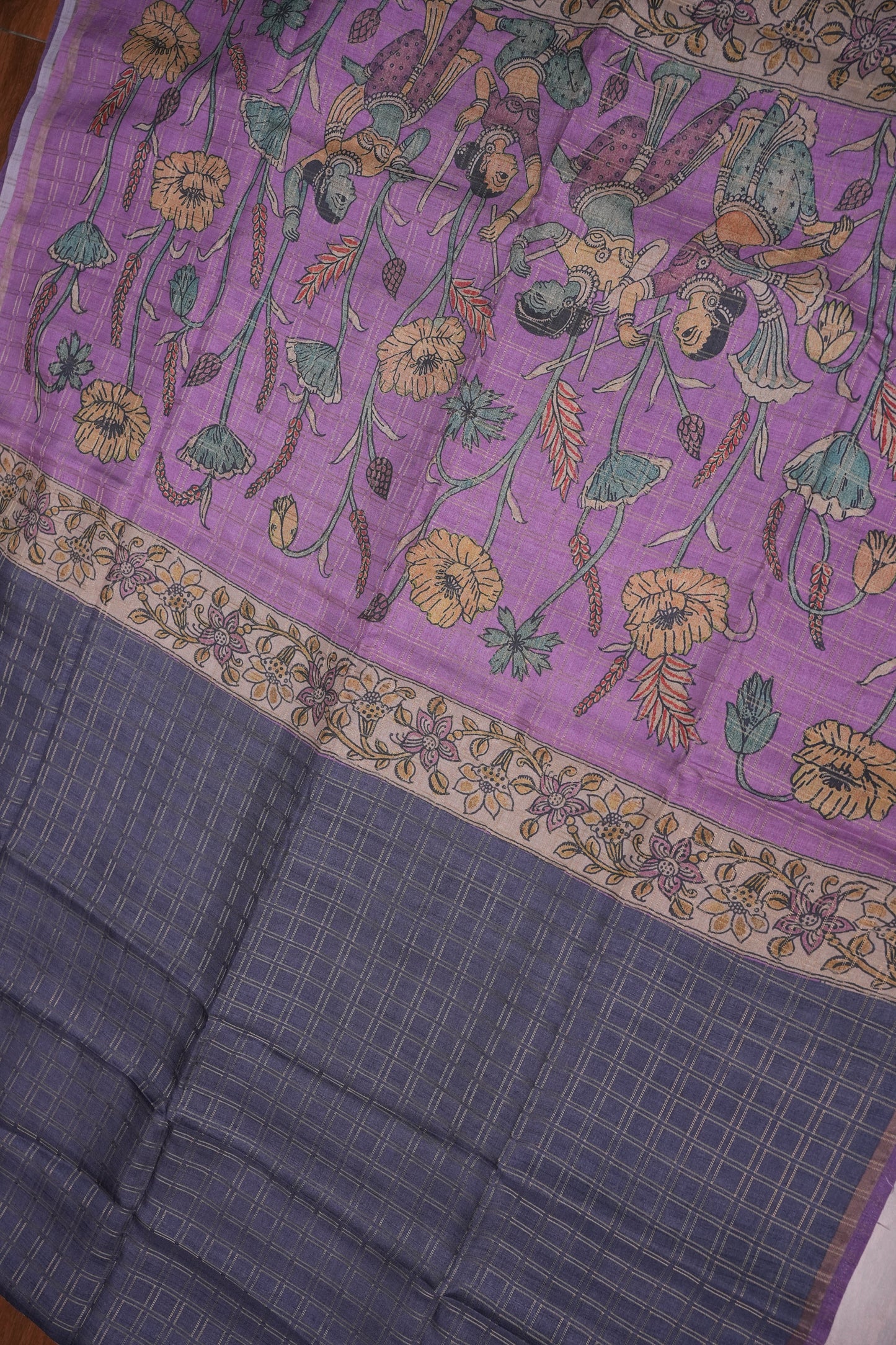 Semi Tussar Raw Silk Saree with Checkered Body & Kalamkari Pallu and Blouse – Lavender Purple
