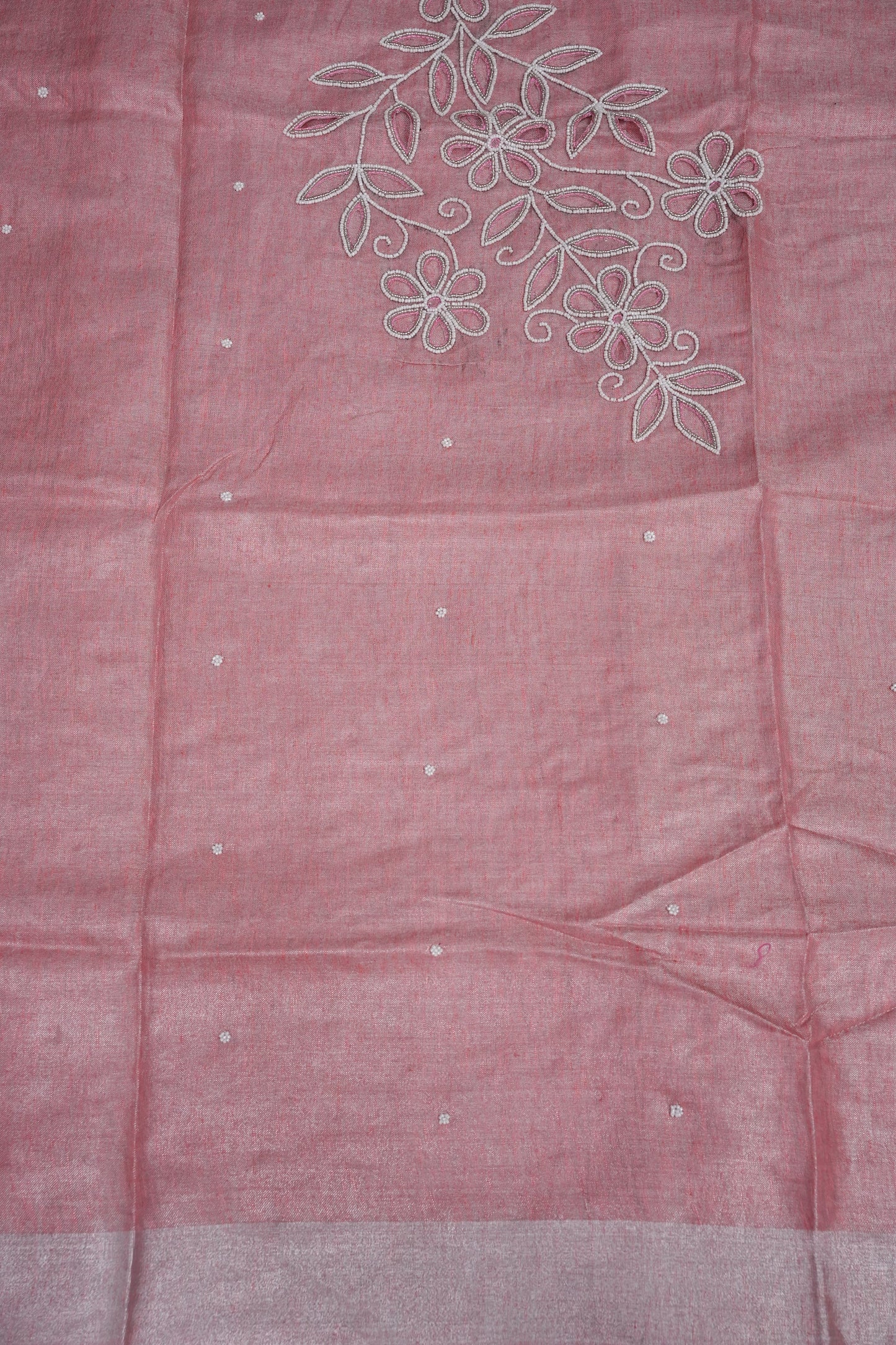 Hand Embroidered Pure Tissue Linen Silk Saree - Salmon Pink