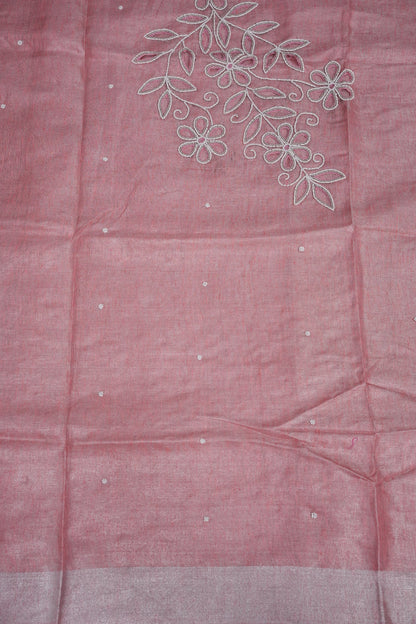 Hand Embroidered Pure Tissue Linen Silk Saree - Salmon Pink