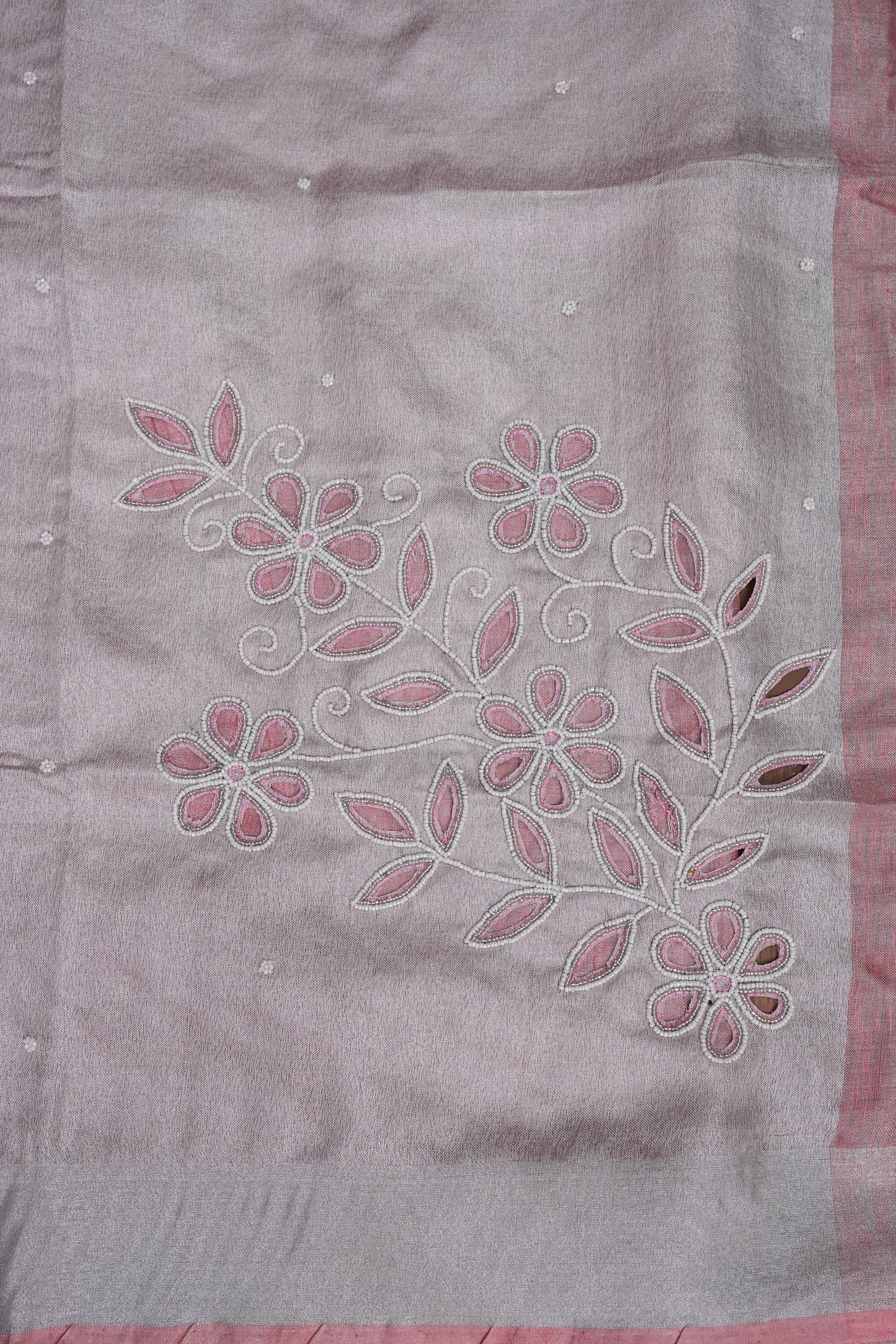 Hand Embroidered Pure Tissue Linen Silk Saree - Salmon Pink