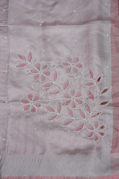Hand Embroidered Pure Tissue Linen Silk Saree - Salmon Pink