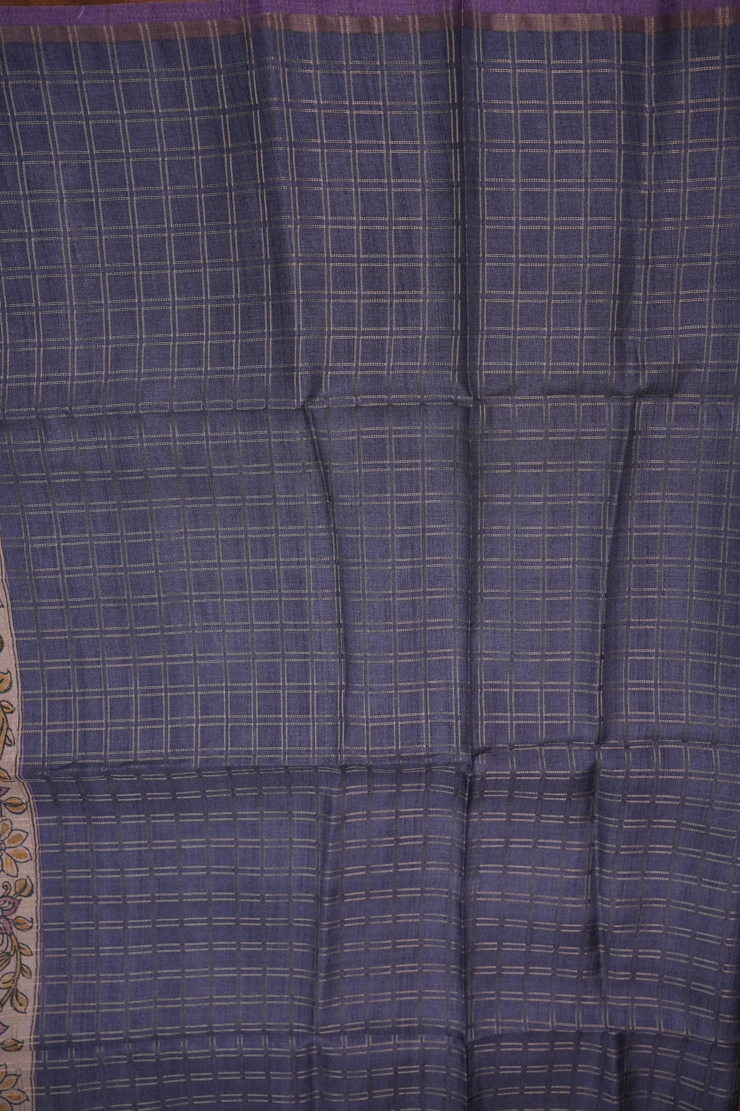 Semi Tussar Raw Silk Saree with Checkered Body & Kalamkari Pallu and Blouse – Lavender Purple