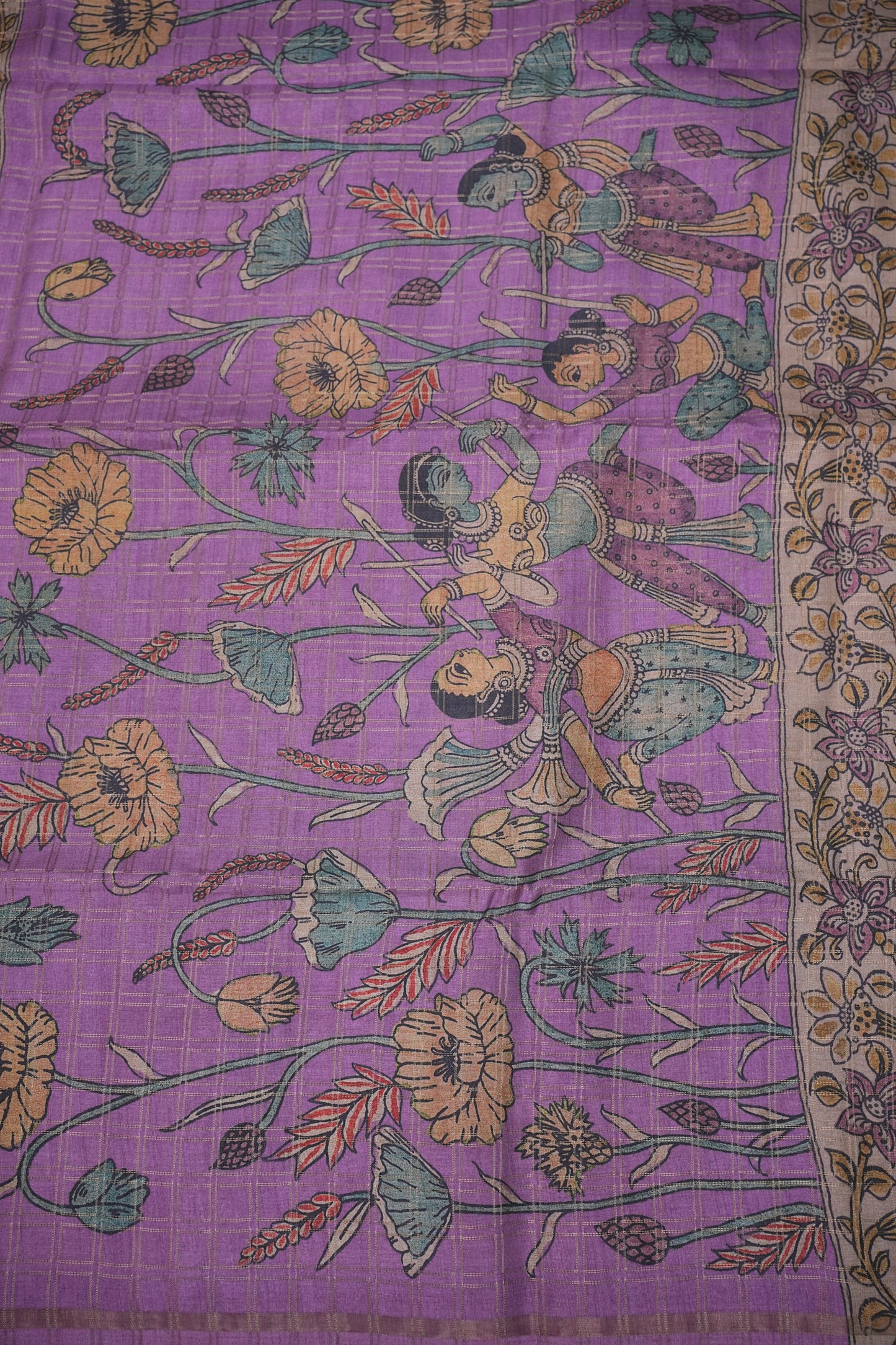Semi Tussar Raw Silk Saree with Checkered Body & Kalamkari Pallu and Blouse – Lavender Purple