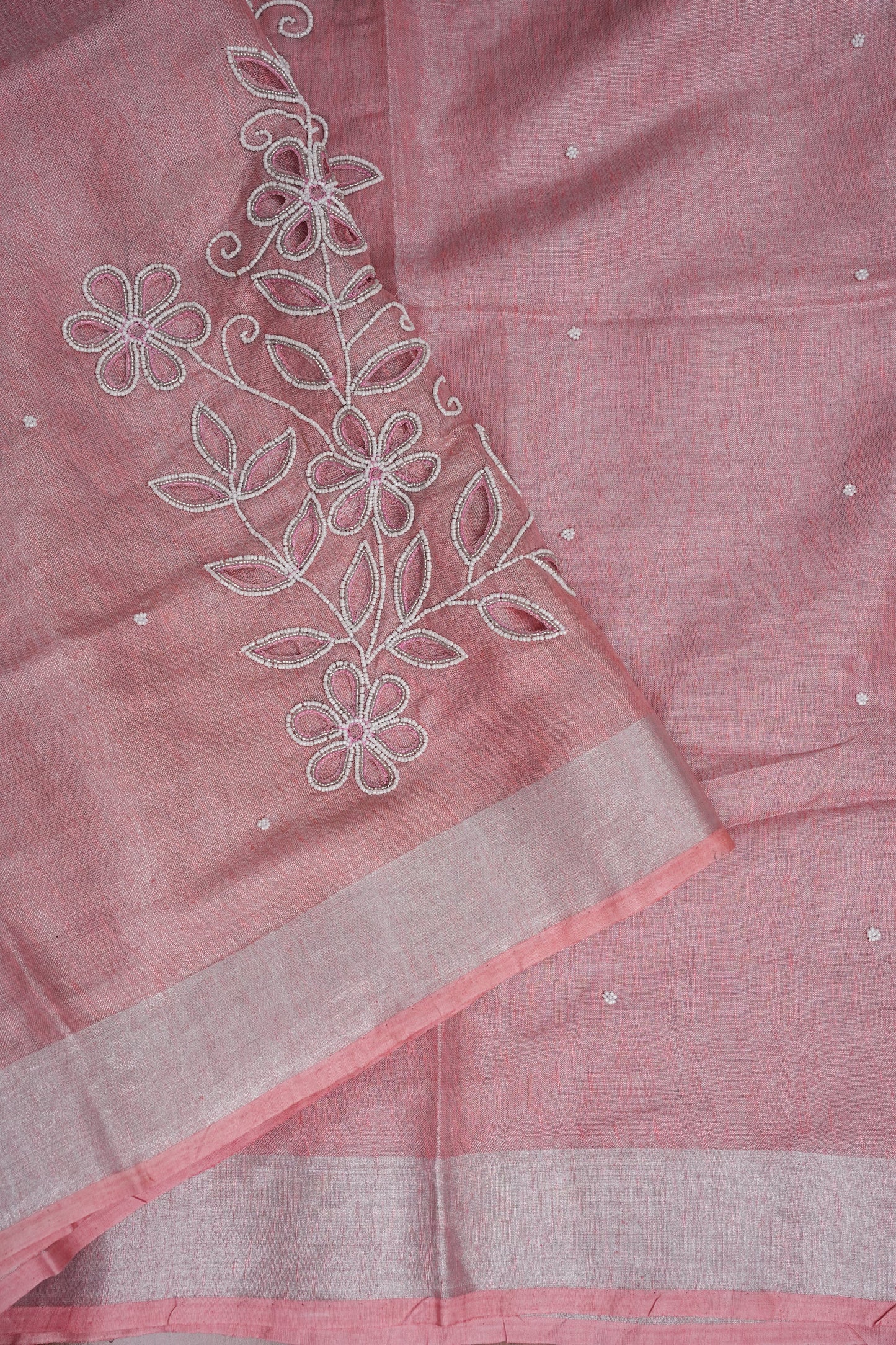 Hand Embroidered Pure Tissue Linen Silk Saree - Salmon Pink
