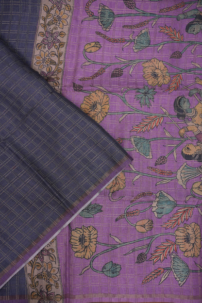 Semi Tussar Raw Silk Saree with Checkered Body & Kalamkari Pallu and Blouse – Lavender Purple
