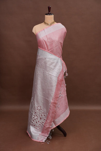 Hand Embroidered Pure Tissue Linen Silk Saree - Salmon Pink
