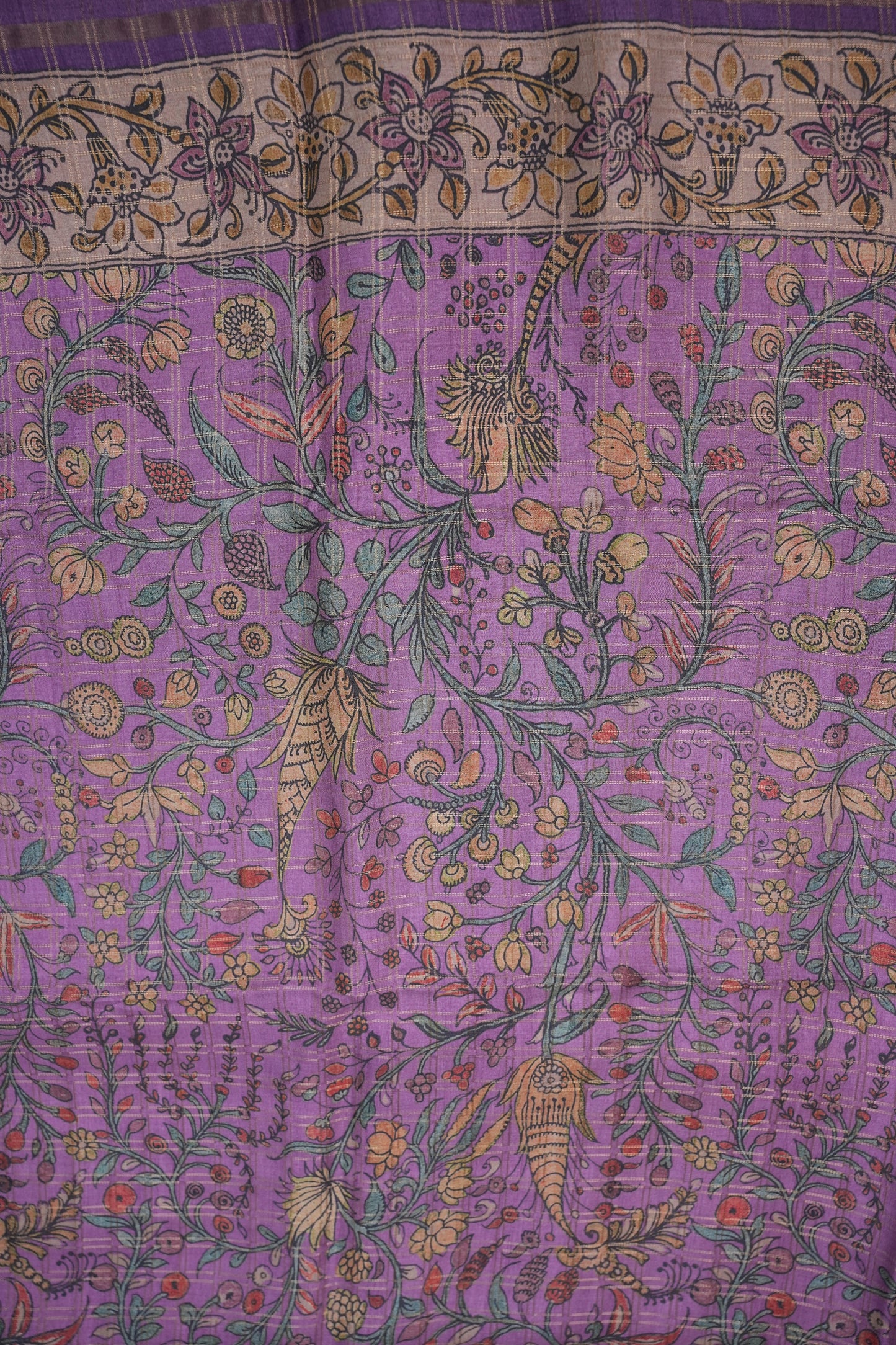 Semi Tussar Raw Silk Saree with Checkered Body & Kalamkari Pallu and Blouse – Lavender Purple
