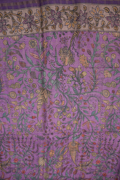 Semi Tussar Raw Silk Saree with Checkered Body & Kalamkari Pallu and Blouse – Lavender Purple