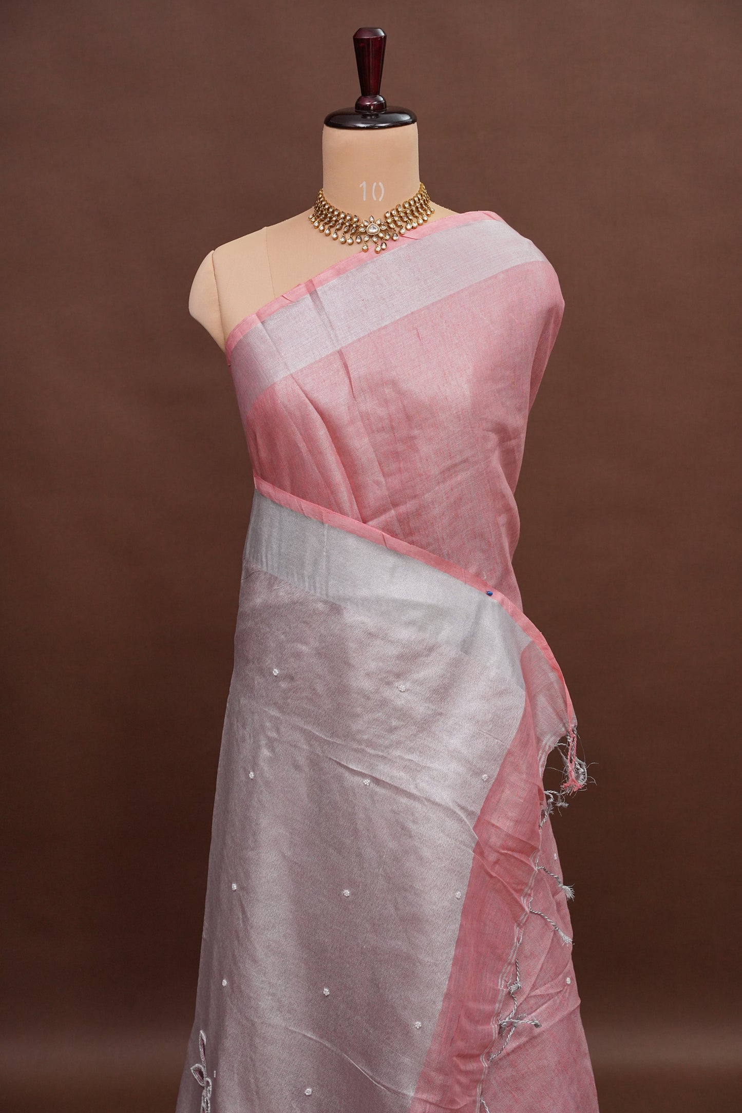 Hand Embroidered Pure Tissue Linen Silk Saree - Salmon Pink