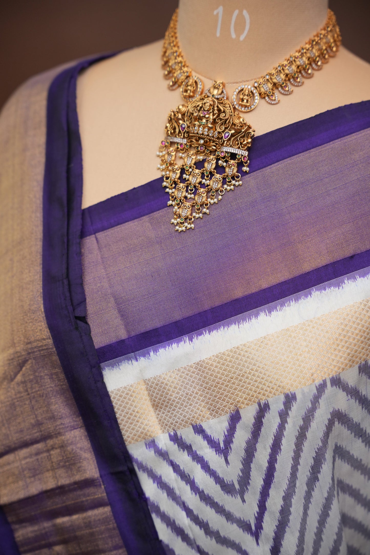 Pure Ikkat Soft Silk Saree - Ivory & Deep Purple