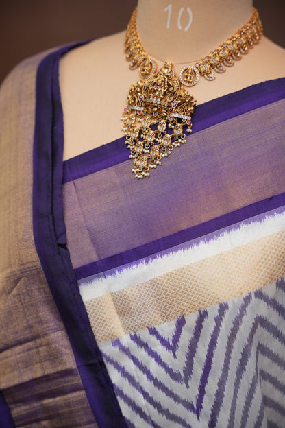 Pure Ikkat Soft Silk Saree - Ivory & Deep Purple